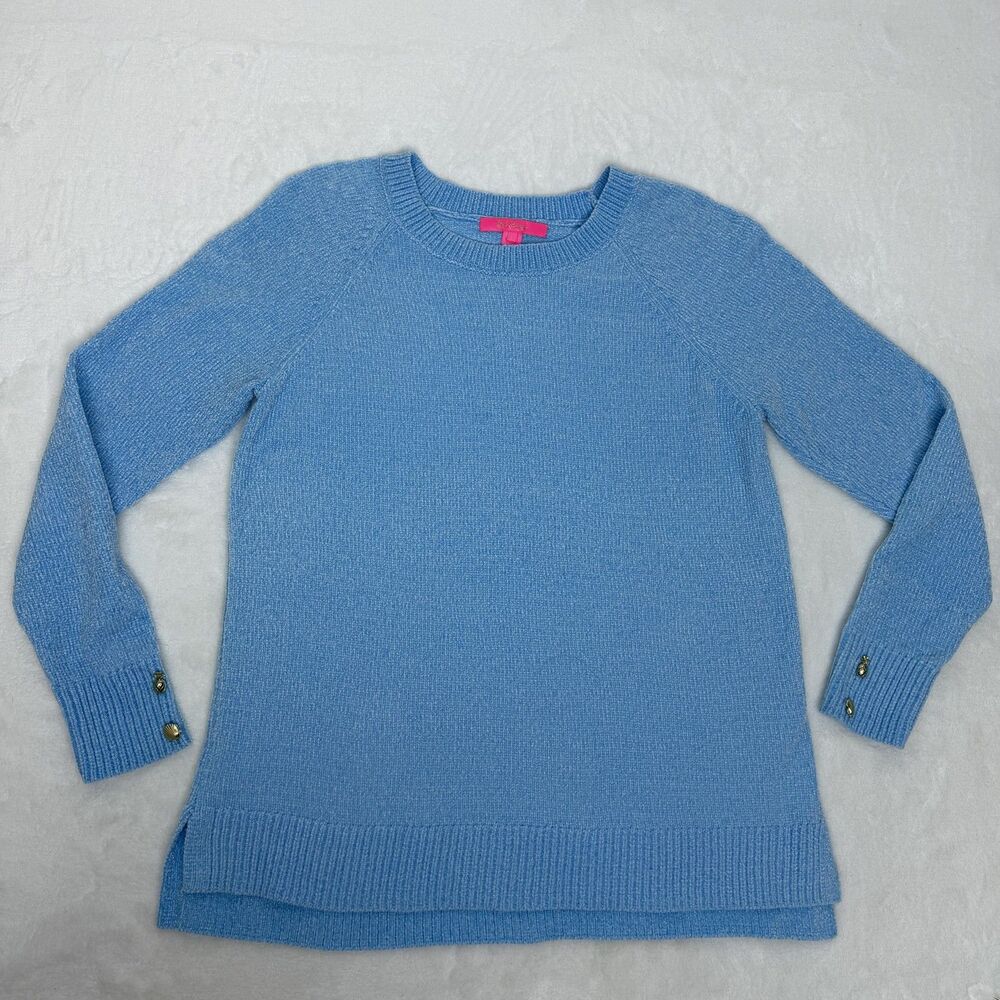 Lilly Pulitzer Sweater Womens Large Blue Chenille Crewneck Pullover Beach Cuffs